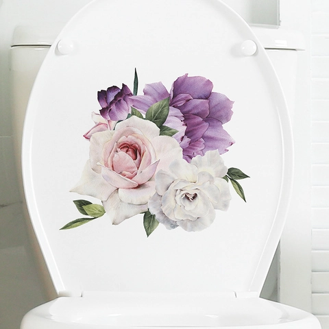 Paars Roze Roos Pioen Bloem Toiletsticker PVC Waterdicht Zelfklevend Badkamer Muursticker Floral Home Decor Art