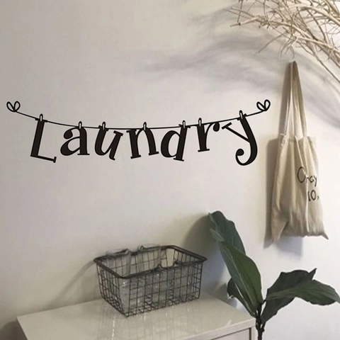Αυτοκόλλητο Τοίχου Γράμματα Laundry PVC Δημιουργικό Σχέδιο Σχοινί με Μανταλάκια για Πλυσταριό Μπάνιο Διακόσμηση Σπιτιού Μαύρο