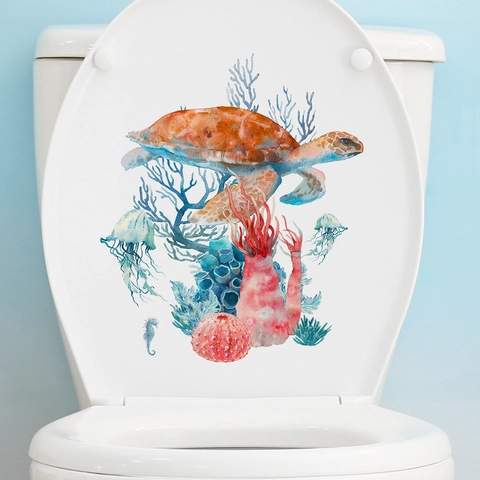 Aquarell Meereslebewesen Toilettenaufkleber Schildkröte Koralle PVC Wasserdicht Selbstklebend Badezimmer Wandtattoo Dekor