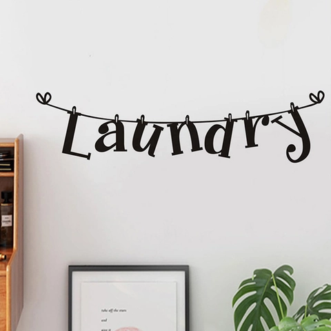 Αυτοκόλλητο Τοίχου Γράμματα Laundry PVC Δημιουργικό Σχέδιο Σχοινί με Μανταλάκια για Πλυσταριό Μπάνιο Διακόσμηση Σπιτιού Μαύρο