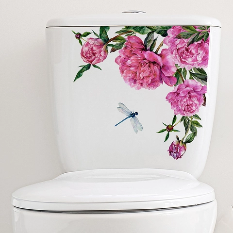 Autocollant De Toilettes Pivoine Rose Et Libellule Imperméable En PVC Auto-Adhésif Décoration De Salle De Bain Décalcomanie Pour Réservoir De WC