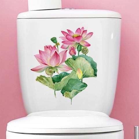 Aquarel Lotus Bloem Toilet Sticker Roze Lotus Groen Blad Zelfklevend PVC Decal Voor Badkamer Huis Decoratie