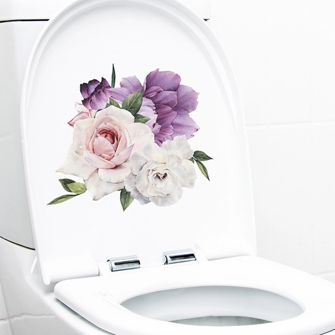 Tropical Flower Toilet Sticker Removable PVC Rose Peony Floral Wall Decal For Bathroom Home Decor Waterproof Art Sticker