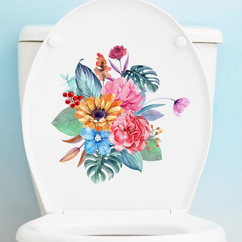 Watercolor Tropical Floral Sunflower Monstera Leaves Toilet Lid Sticker PVC Removable Bathroom Decor Wall Decal M-238
