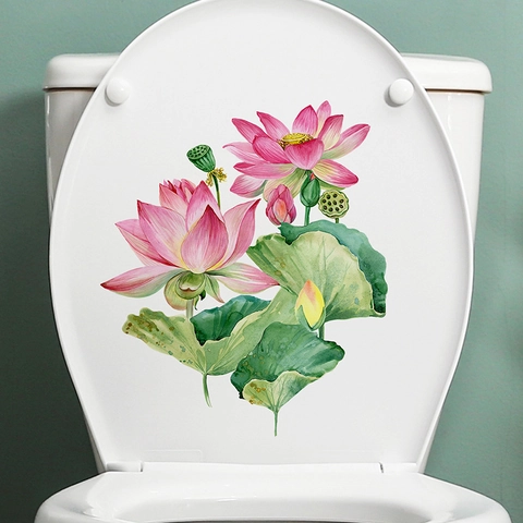 Aquarel Lotus Bloem Toilet Sticker Roze Lotus Groen Blad Zelfklevend PVC Decal Voor Badkamer Huis Decoratie