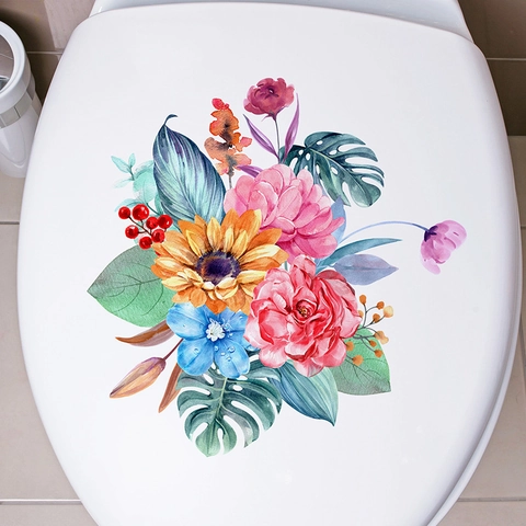 Watercolor Tropical Floral Sunflower Monstera Leaves Toilet Lid Sticker PVC Removable Bathroom Decor Wall Decal M-238