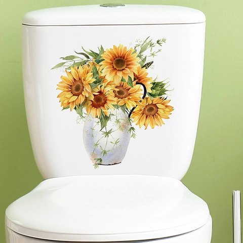 Watercolor Sunflower Vase Toilet Sticker Removable PVC Waterproof Bathroom Decor Floral Wall Decal Home Decoration Sticker