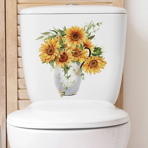 Pegatina de Inodoro de Jarrón de Girasol de Acuarela PVC Removible Impermeable Decoración de Baño Calcomanía de Pared Floral