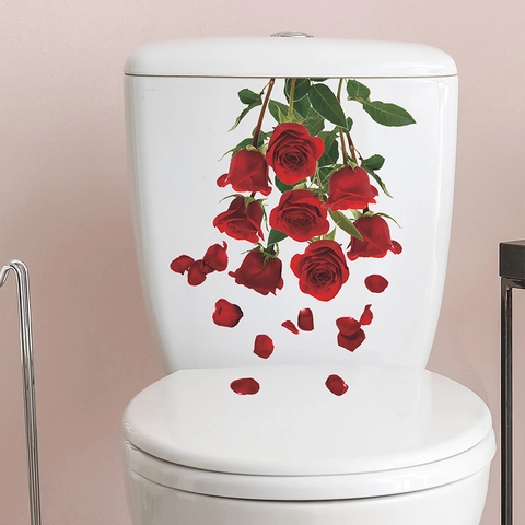 Romantische Rode Roos Bloem Toiletsticker PVC Verwijderbaar Waterdicht Muursticker Voor Badkamer Huis Decoratie DIY Kunst