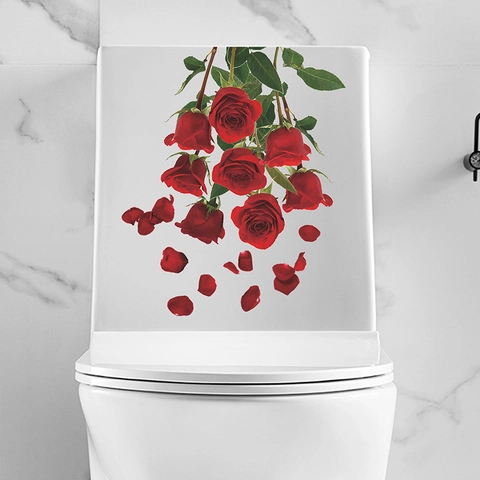 Romantische Rode Roos Bloem Toiletsticker PVC Verwijderbaar Waterdicht Muursticker Voor Badkamer Huis Decoratie DIY Kunst