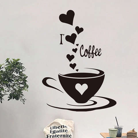Pegatina de Pared de PVC Negro Minimalista Moderno Taza de Café y Corazón Autoadhesiva Removible Decoración de Hogar Cocina
