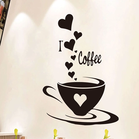Pegatina de Pared de PVC Negro Minimalista Moderno Taza de Café y Corazón Autoadhesiva Removible Decoración de Hogar Cocina