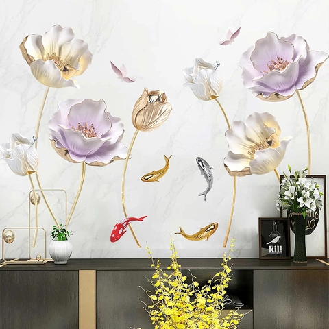 Adesivi Murali 3D Fiore di Loto Goffrato Simulato Con Pesci Koi e Farfalle PVC Impermeabile Autoadesivo Decalcomanie da Parete per Soggiorno Camera da Letto Casa