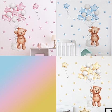 Cartoon Teddy Bär Wandtattoos Mond Stern Wolken Aquarell PVC Selbstklebend Wandaufkleber Für Kinderzimmer Kindergarten Deko