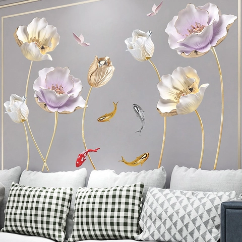 Adesivi Murali 3D Fiore di Loto Goffrato Simulato Con Pesci Koi e Farfalle PVC Impermeabile Autoadesivo Decalcomanie da Parete per Soggiorno Camera da Letto Casa