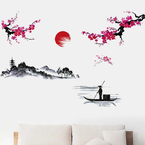 Chinese Ink Landscape PVC Wall Sticker Removable Plum Blossom Red Sun Wall Decal For Living Room Bedroom Home Decor