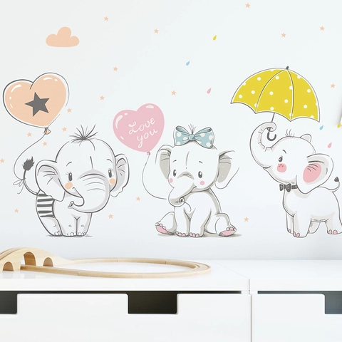 Stickers Muraux Éléphant de Dessin Animé en PVC Auto-adhésifs Amovibles Avec Ballons en Cœur Parapluie Pour Décoration Chambre Enfant