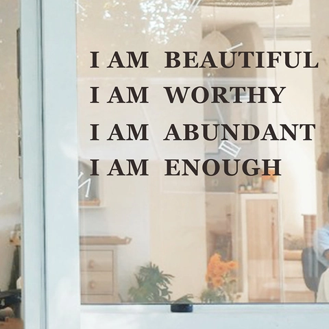 Adesivo Murale Citazioni Inglesi I AM ENOUGH WORTHY BEAUTIFUL ABUNDANT Decalcomania in PVC Removibile per Specchio Camera da Letto