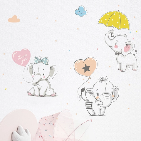 Stickers Muraux Éléphant de Dessin Animé en PVC Auto-adhésifs Amovibles Avec Ballons en Cœur Parapluie Pour Décoration Chambre Enfant