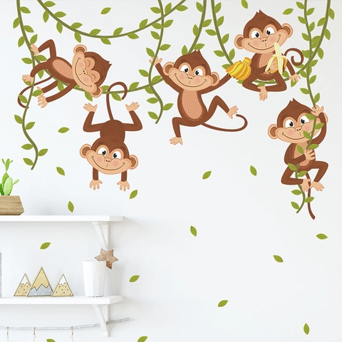 Stickers Muraux Singe De Dessin Animé Grimpant Sur Vigne Pour Chambre D'Enfant Chambre Amovible PVC Décalcomanie Murale Maison