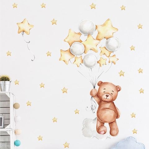Cartoon Teddy Bär Wandtattoos Mond Stern Wolken Aquarell PVC Selbstklebend Wandaufkleber Für Kinderzimmer Kindergarten Deko
