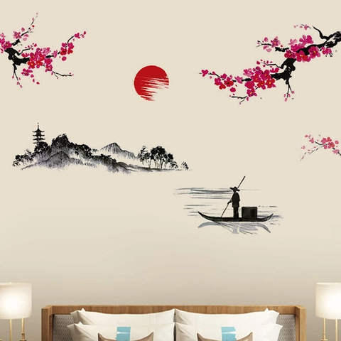 Chinese Ink Landscape PVC Wall Sticker Removable Plum Blossom Red Sun Wall Decal For Living Room Bedroom Home Decor