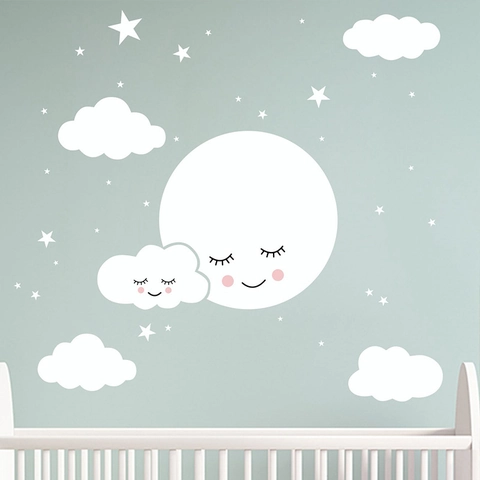 Stickers Muraux Dessin Animé Lune Nuage Étoiles pour Chambre d'Enfants PVC Amovible Auto-Adhésif Décoration Maison