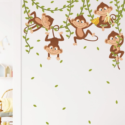 Stickers Muraux Singe De Dessin Animé Grimpant Sur Vigne Pour Chambre D'Enfant Chambre Amovible PVC Décalcomanie Murale Maison