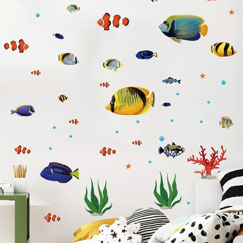 Zeedieren Onderwaterwereld Muurstickers Waterdicht PVC Cartoon Vis Zeewier Decals Voor Kinderkamer Badkamer Glas Home Decor