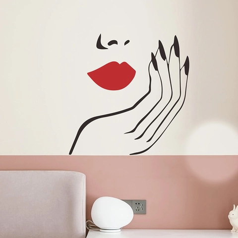 Creative Red Lips Woman Face Minimalist Line Art Wall Sticker PVC Self Adhesive Decal For Bedroom Living Room Home Decor