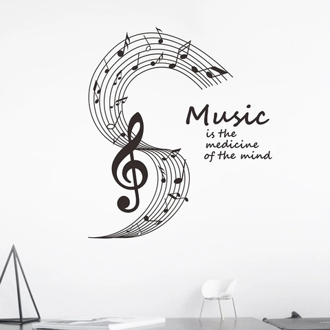 Αυτοκόλλητο Τοίχου Με Ρητό Music Is The Medicine Of The Mind Μουσική Νότα Κλειδί Του Σολ PVC Διακόσμηση Δωματίου