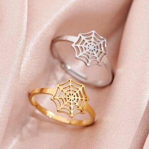 Bague Ouverte en Acier Inoxydable Punk Gothique Toile d'Araignée Halloween Bijoux Ajustables pour Femmes Bague Électroplaquée Or Argent