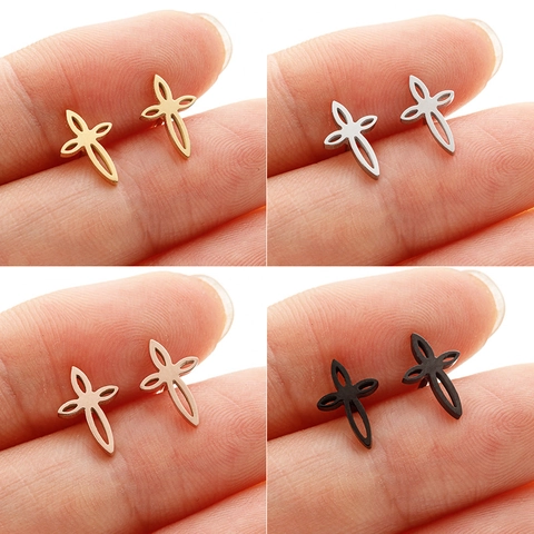Boucles d'Oreilles Clous Minimalistes en Acier Inoxydable Croix Creuse pour Femmes Bijoux de Mode Géométriques Or Argent Noir