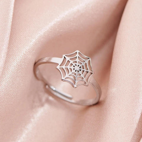 Bague Ouverte en Acier Inoxydable Punk Gothique Toile d'Araignée Halloween Bijoux Ajustables pour Femmes Bague Électroplaquée Or Argent