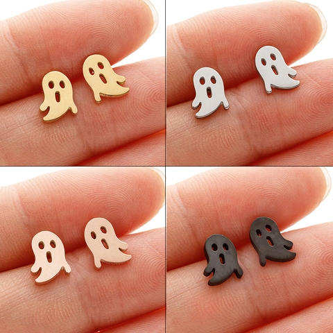Boucles d'Oreilles Clous Fantôme en Acier Inoxydable Dessin Animé Creux Forme de Fantôme pour Halloween Fête Femme Cadeau