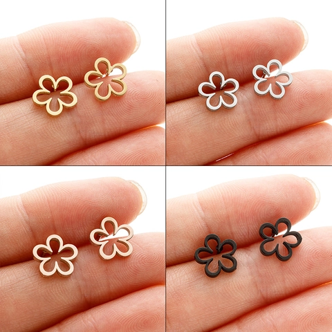 Minimalist Stainless Steel Hollow Flower Stud Earrings Sweet Petite Floral Ear Bone Studs For Women Daily Jewelry Accessory