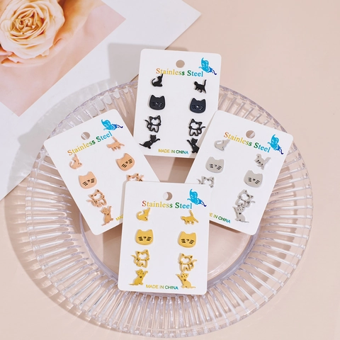Boucles d'Oreilles Clous Chat en Acier Inoxydable Ensemble Mignon Dessin Animé Bijoux pour Femmes Filles Plusieurs Paires