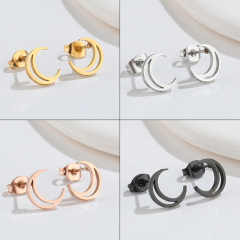Stainless Steel Moon Crescent Stud Earrings For Women Hollow Geometric Minimalist Jewelry In Gold Silver Rose Gold Black