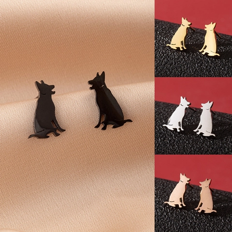 Stainless Steel German Shepherd Silhouette Stud Earrings Minimalist Animal Dog Studs Fashion Jewelry Gift For Women