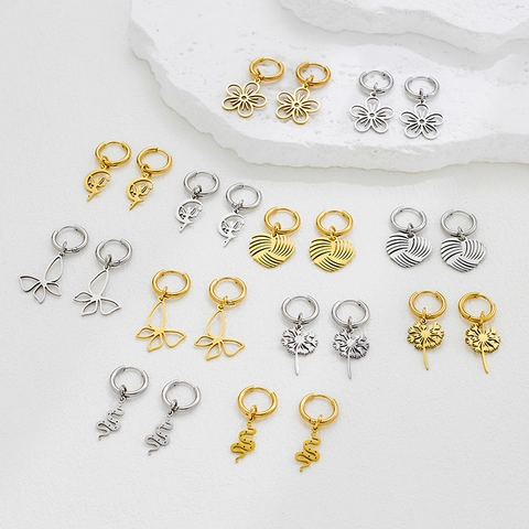 Stainless Steel Dangle Hoop Earrings For Women Gold Silver Butterfly Fairy Dandelion Heart Snake Hollow Electroplated Jewelry