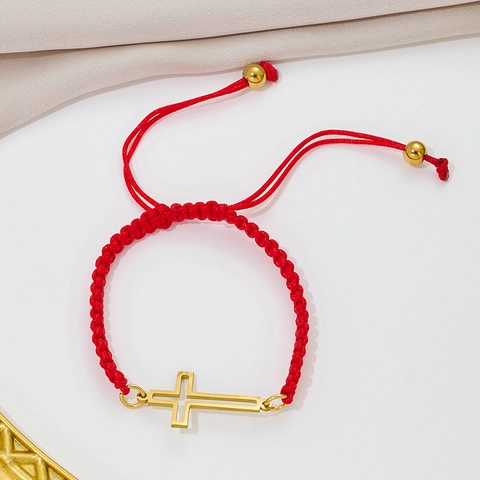 Stainless Steel Cross Pendant Woven Bracelet Minimalist Adjustable Red Black Cord Bracelet For Men Women Religious Jewelry