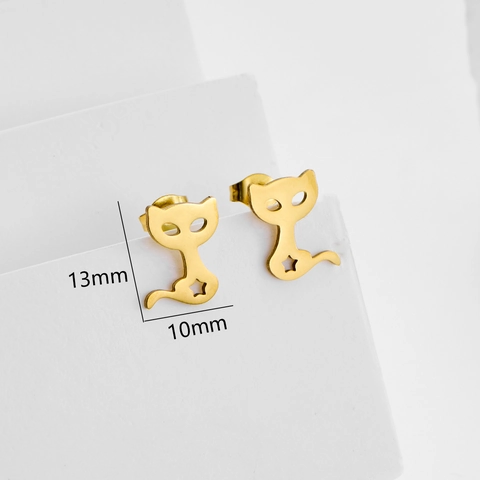 Pendientes de Botón de Acero Inoxidable con Forma de Gato y Estrella Joyería Simple y Linda con Motivos de Animales para Mujer Oro Plata Negro