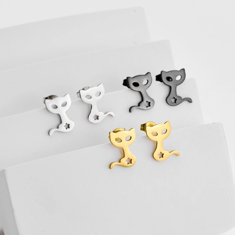 Pendientes de Botón de Acero Inoxidable con Forma de Gato y Estrella Joyería Simple y Linda con Motivos de Animales para Mujer Oro Plata Negro