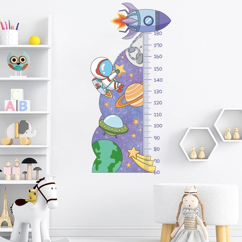 Cartone Animato Astronauta Spazio Adesivo da Parete per Misura Altezza PVC Removibile Razzo Pianeti Decorazione Casa
