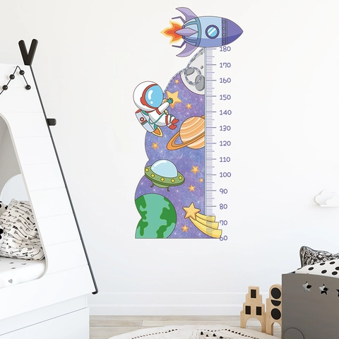 Cartone Animato Astronauta Spazio Adesivo da Parete per Misura Altezza PVC Removibile Razzo Pianeti Decorazione Casa