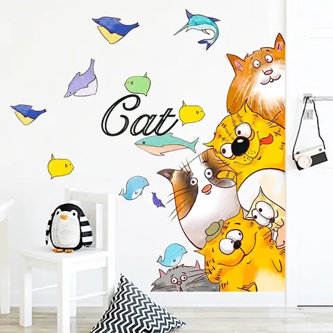 Aquarel Cartoon Kat Vis Muursticker PVC Zelfklevende Verwijderbare Muurstickers Voor Kinderkamer Kleuterschool DIY Kunst Decor