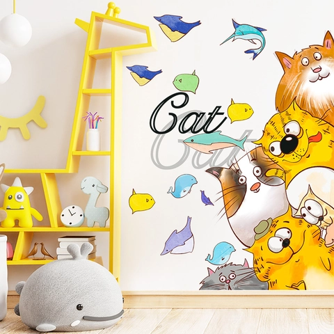 Aquarel Cartoon Kat Vis Muursticker PVC Zelfklevende Verwijderbare Muurstickers Voor Kinderkamer Kleuterschool DIY Kunst Decor