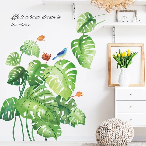 Vinilos de Pared Hojas de Monstera Acuarela Pájaro Flor Frase Inspiradora PVC Autoadhesivo Decoración Sala de Estar