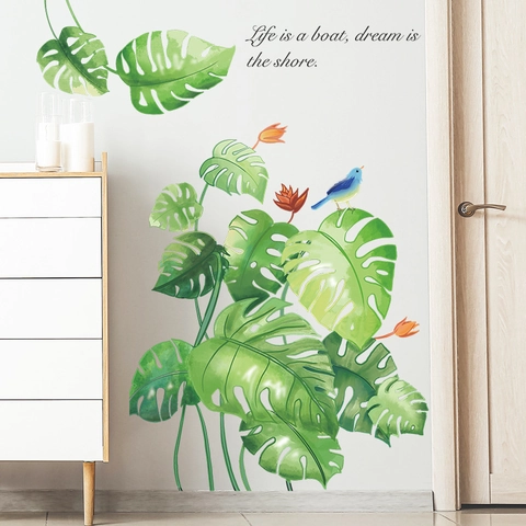 Vinilos de Pared Hojas de Monstera Acuarela Pájaro Flor Frase Inspiradora PVC Autoadhesivo Decoración Sala de Estar
