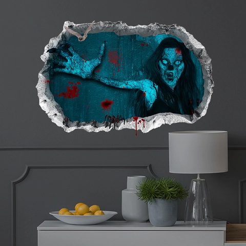 3D Halloween Muursticker Horror Gebroken Muur Spook Decor Verwijderbare PVC Bloed Handafdruk Vleermuis Spin Eng Feest Muurschildering